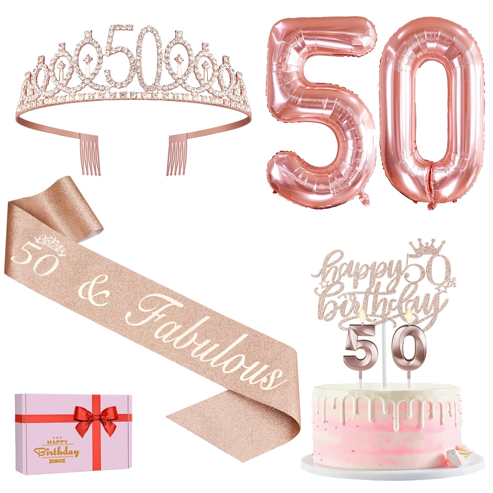 50th Birthday Decorations for Women, Including 50th Birthday Sash and Tiara, Cake Topper and Candles, Rose Gold Number Balloons, 50 Year Old Gifts for Women