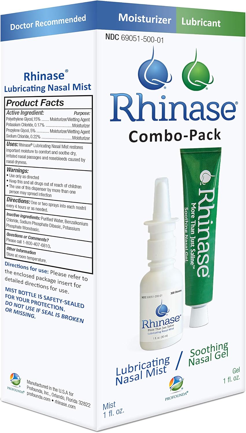 Rhinase (Nasal Gel 1 oz and Saline Nasal Spray 1 oz) Combo Pack for Dry Nose Sinus, Allergy and to Prevent Nosebleeds Caused by Nasal Dryness: Health & Personal Care