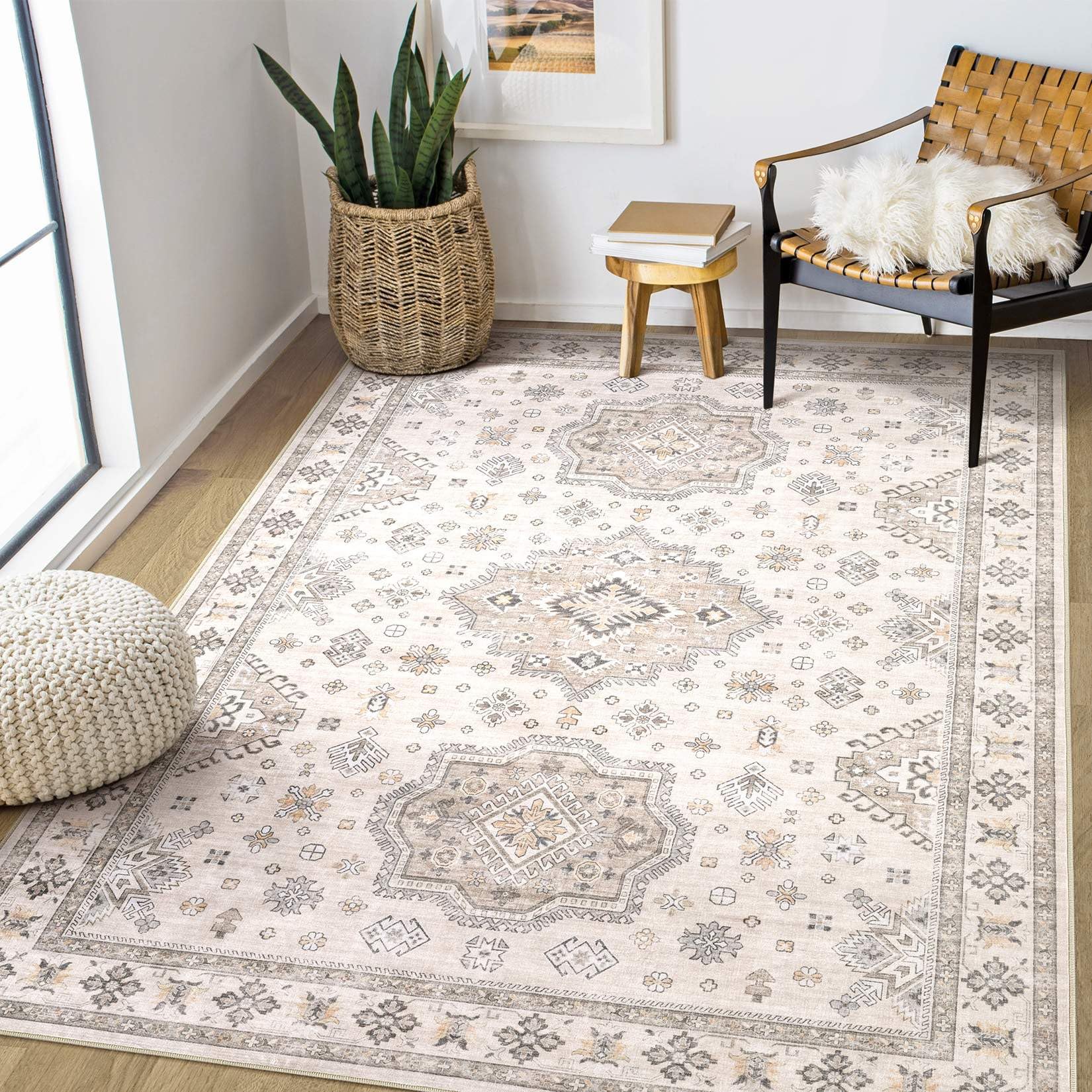 Photo 1 of (used/fair) EIEIHOUSE Washable Area Rugs for Living Room - 5x7 Neutral Vintage Distressed Floral Farmhouse Boho Large Soft Floor Rug Indoor Non Slip Carpet for Living Room Bedroom Dining Room Office - Beige Brown