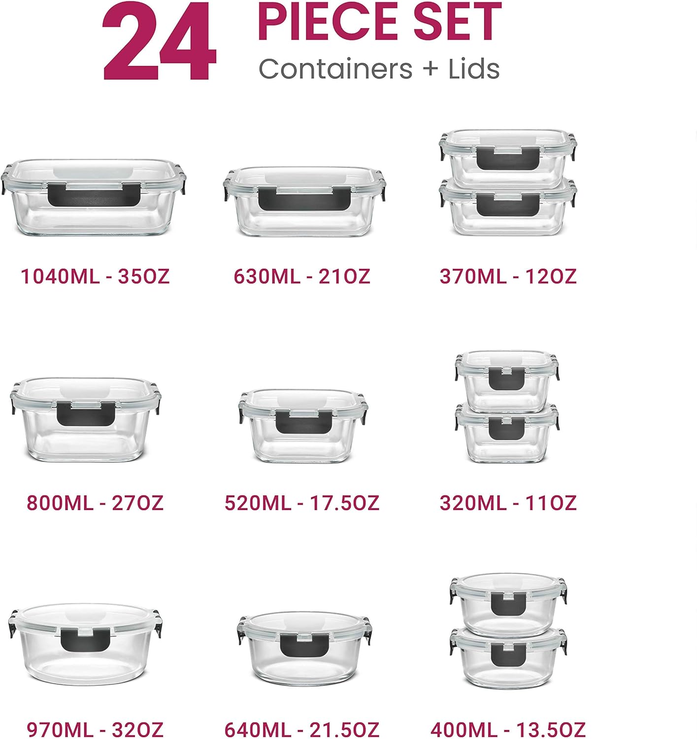 24-Piece Superior Glass Food Storage Containers Set - Newly Innovated Hinged BPA-free Locking lids - 100% Leakproof Glass Meal-Prep Containers, Great On-the-Go & Freezer-to-Oven-Safe Food Containers: Kitchen & Dining