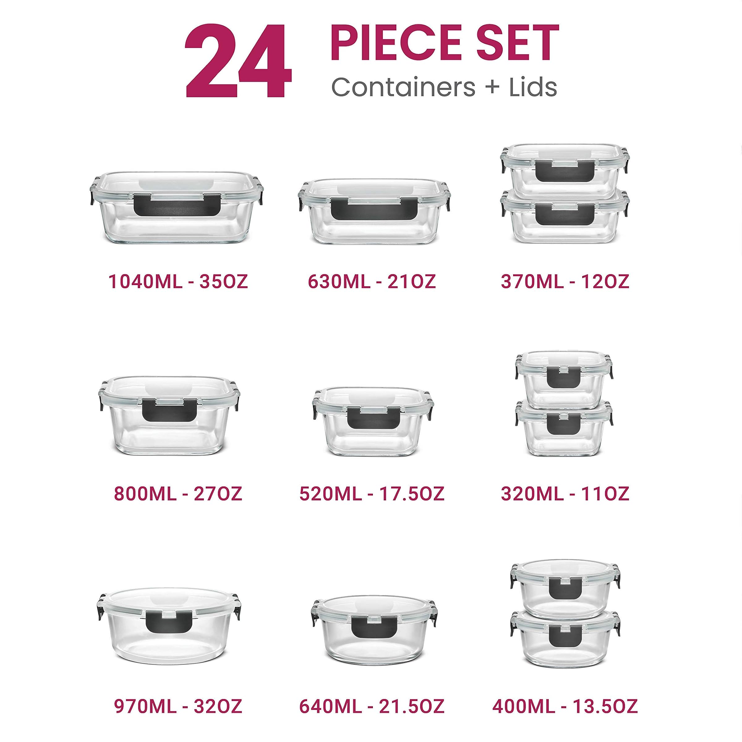 Glass Food Storage Containers Set, BPA Free Hinged Locking Lids, 100% Leak Proof Glass Meal Prep Containers, Perfect For On The Go Or Freezer, Oven Safe Food Containers