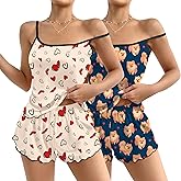 Ekouaer 2 Pack Womens Cami Pajama Sets Cute Print Tank Top Pjs and Shorts Camisole Lounge Set