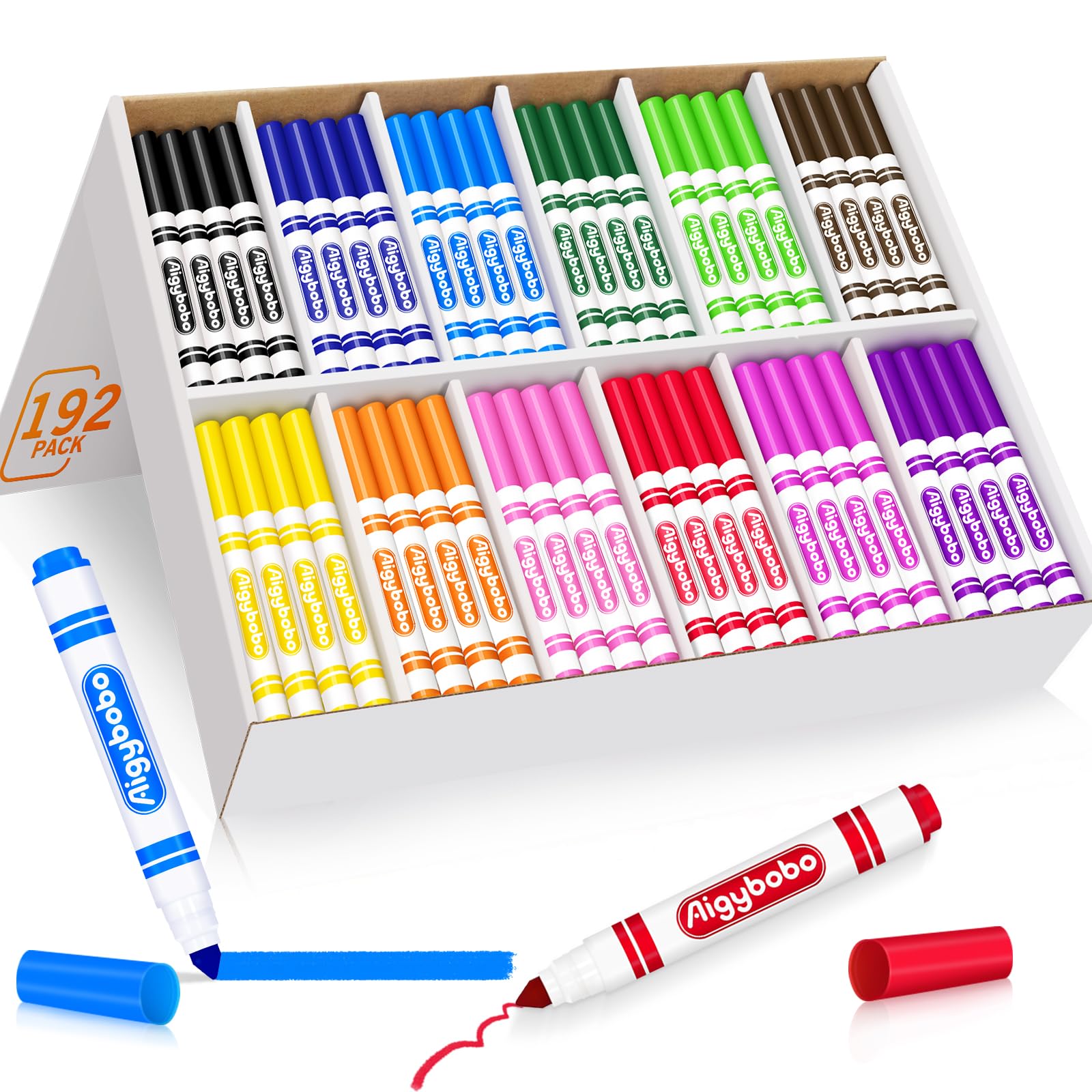 Aigybobo 192 Count Washable Markers Bulk, 12 Assorted Colors, Broad Line Conical Tip Coloring Marker for Kids, Markers Bulk Pack for Classroom, School Art Supplies & Back to School Supplies