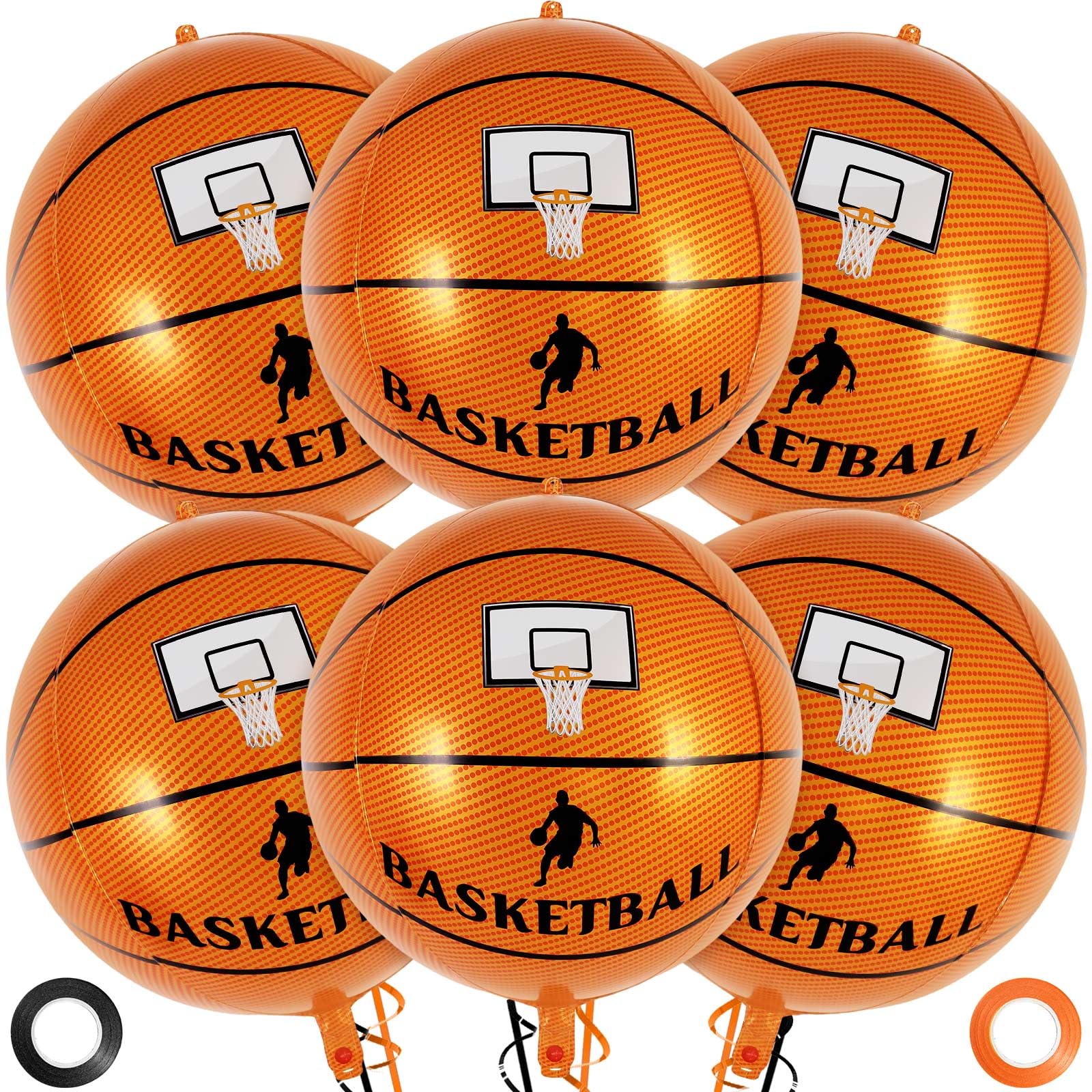 6 Pcs Basketball Balloons, 22 Inch Foil Mylar Basketball Balloon Large Round Sphere Balloons for Basketballs Sports Themed Birthday Party Decorations Supplies