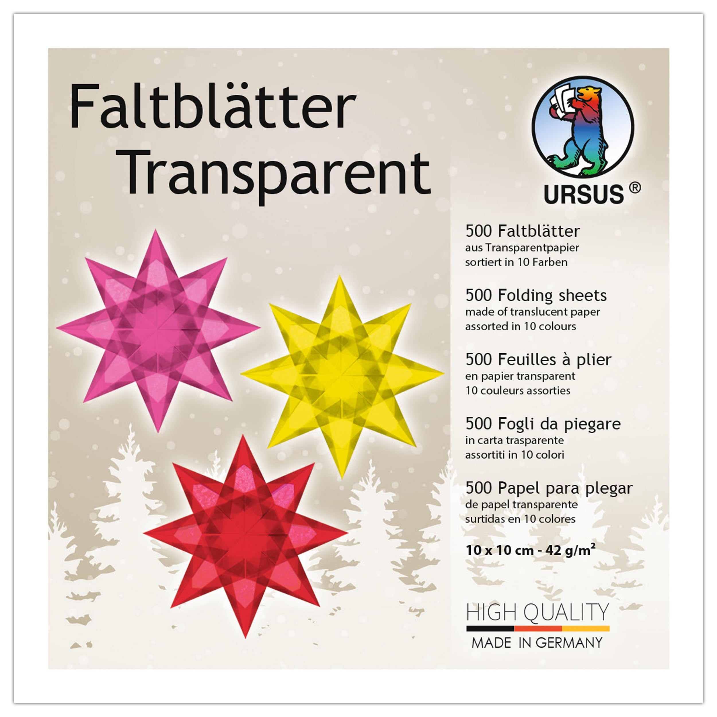 Ursus 2646899 folding sheets made of transparent paper, approx. 10 x 10 cm, 42 g/m², 500 sheets, assorted in 10 colours, dyed, ideal foundation for creative crafts.