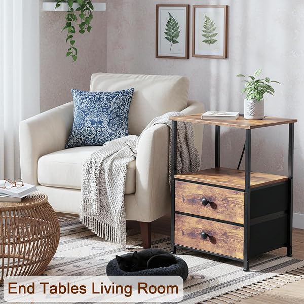 LOAKEKEL NIGHTSTANDS SET OF 2, NIGHT STAND WITH CHARGING STATION, END TABLES WITH STORAGE SHELF FOR SMALL SPACES, BEDSIDE TABLE WITH 2 FABRIC DRAWERS FOR BEDROOM, RUSTIC BROWN, HETS020PBR