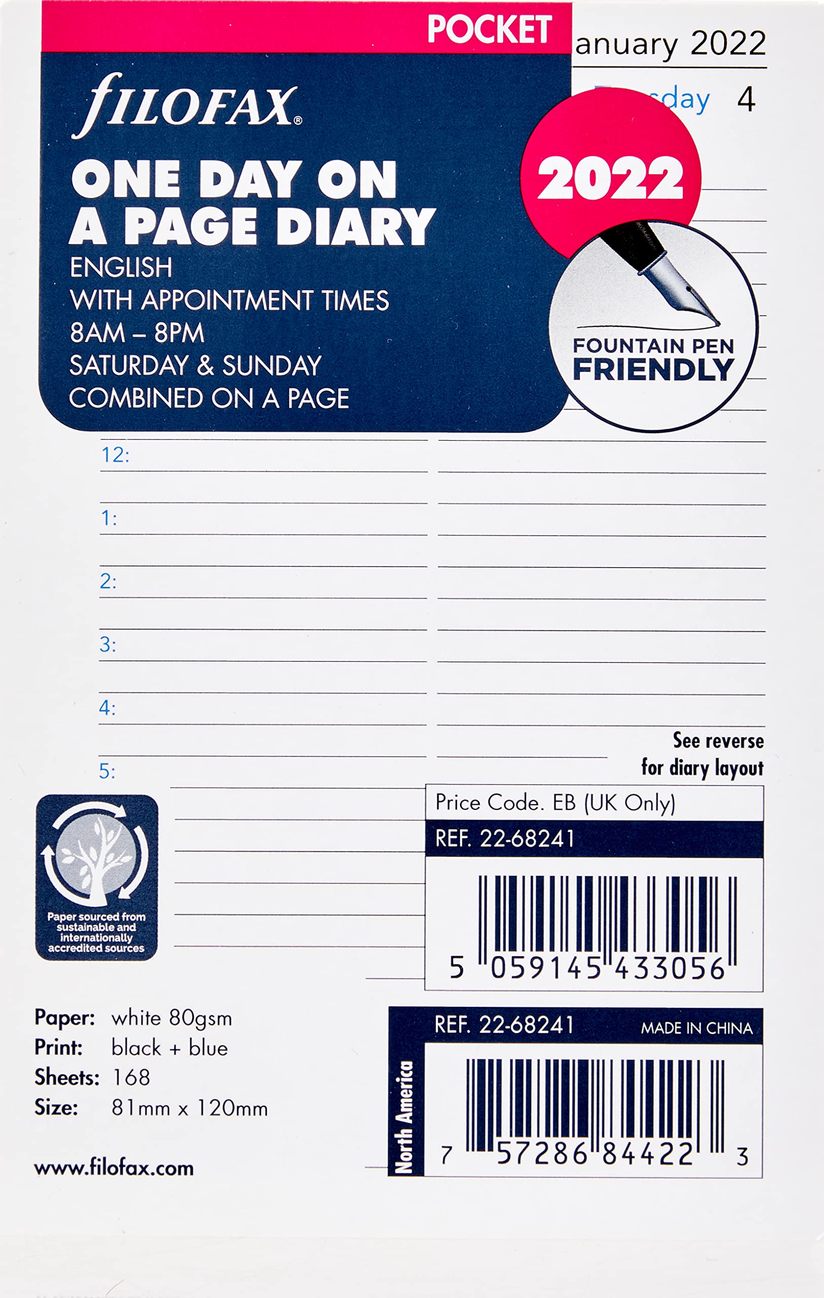 Filofax Pocket Day per Page English appointments Diary - 2022, 22-68241