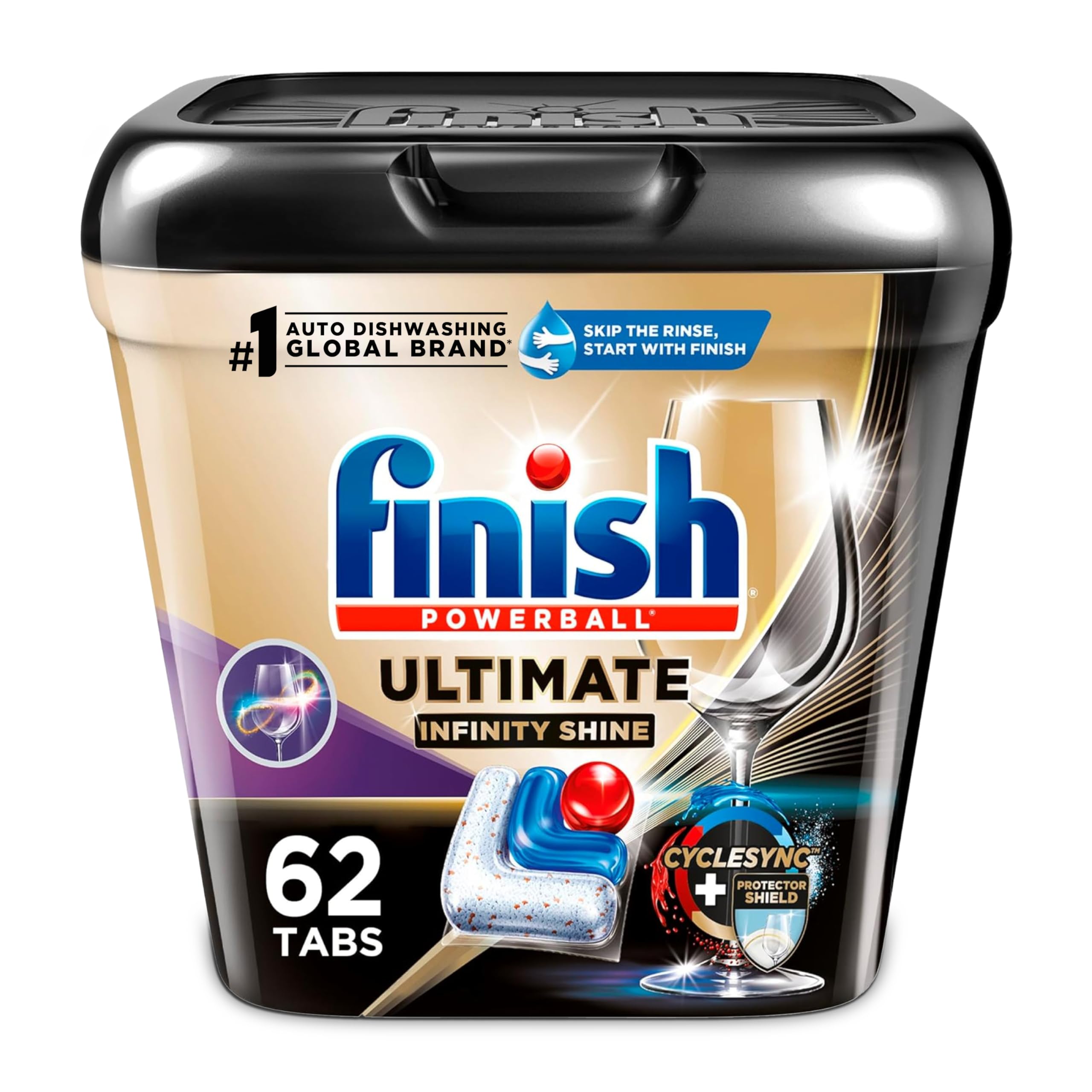 Photo 1 of Finish Ultimate Plus Infinity Shine Dishwasher Pods, No Pre-Rinse Dishwasher Detergent Tabs with Protector Shield & CycleSyn Technology, Removes Burnt-On Stains, Degreases, Scrubbing Power, 62 Count