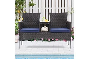 Affmitime Wicker Patio Loveseat 2 Seat Ratten Patio Conversation Set with Cushions and Built-in Table with Tempered Glass top for Balcony,Garden,Weather Resistant (Brown-Blue)