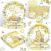120PCS Classic Winnie Bear Party Supplies for Girls Baby Shower Kids Spring Sweet as Can Bee Neutral Themed Decorations Plates Napkin Cups Tableware Set for 20 Guests