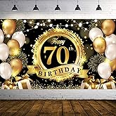 Happy 70th Birthday Decoration Backdrop Banner Black Gold Extra Large Fabric Birthday Sign Poster Photography Background 70 Year Birthday Party Decorations Supplies Indoor Outdoor, 72.8 x 43.3 Inch