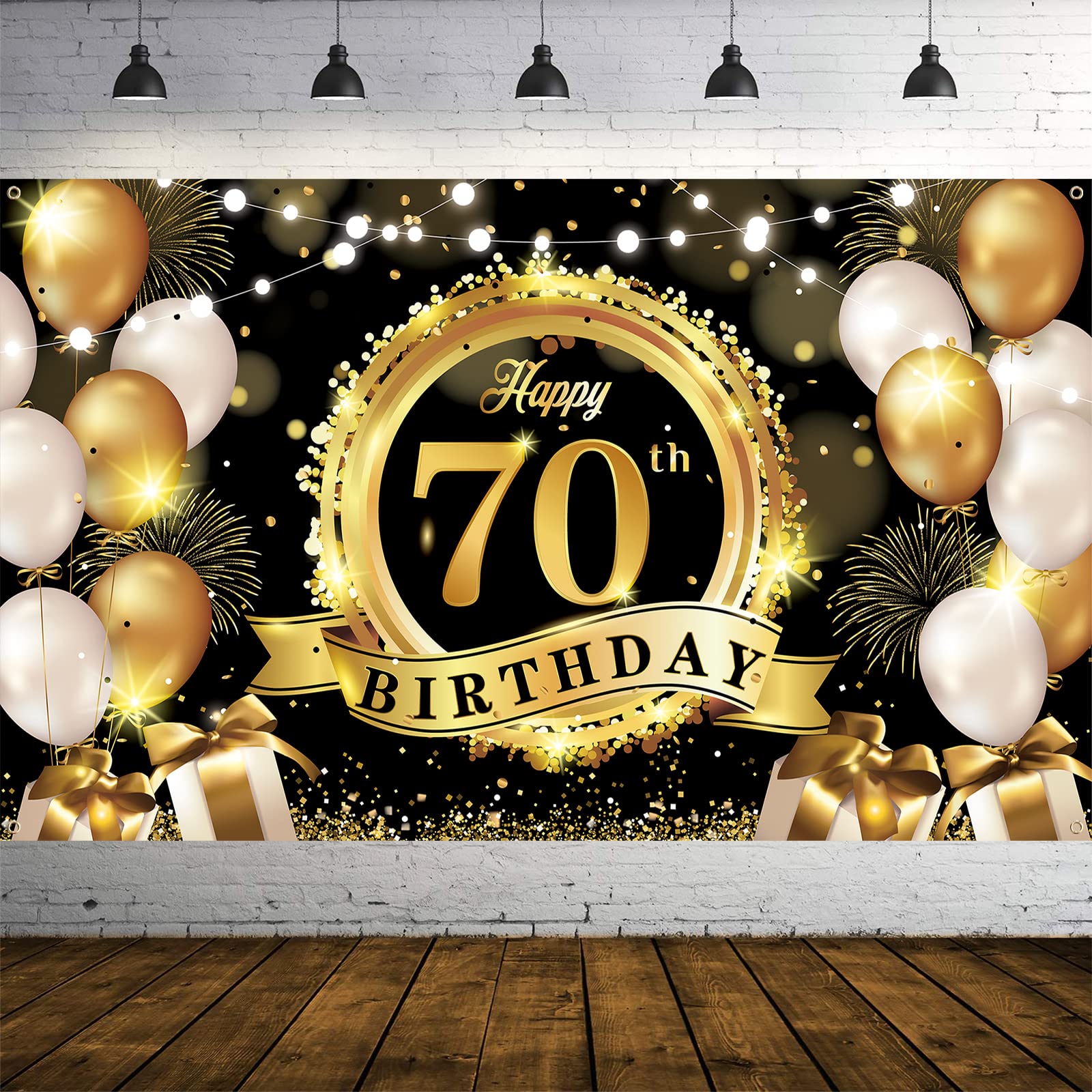 70th Birthday Decoration Banner, 70th Black Gold Birthday Backdrop Banner Photo Booth Sign Decorations, Extra Large Seventy Birthday Banner Background for Men 70th Birthday Anniversary Party Supplies