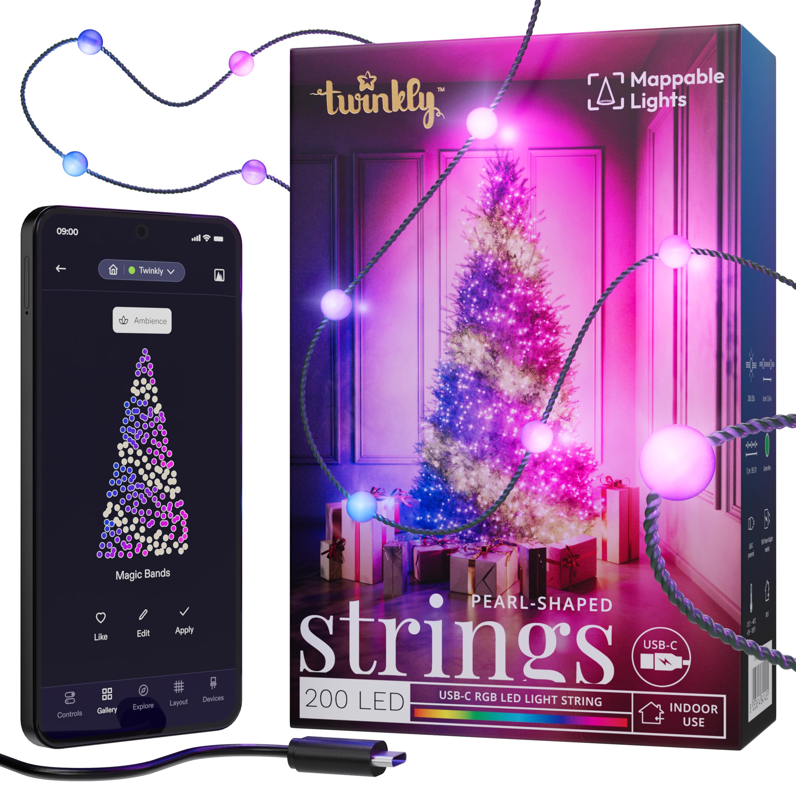 Twinkly Strings USB-C Pearls 200 LED, LED-Lichterkette in Perlenform, RGB LED-Lichter Mehrfarbig, Lichter zum Valentinstag, Kompatibel mit Alexa und Google Home, USB-C, Grünes Kabel, 12m