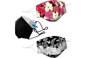 LULU STARR NEW YORK 3PK Three Layer Cotton Cloth Mask with Filter Pocket, Nose Wire & Adjustable Ear Loops. Reusable Washable. 10PK PM2.5 Anti Haze Filters for Masks Included. 1 Black Mask + 2 Designer Print Masks