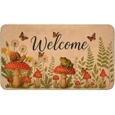 TRYYN Forest Mushroom Welcome Door Mat,29.5x17inch,Indoor Outdoor Linen Floor Mats with Frog,Snail,Butterfly and Dandelion,Non-Slip Rubber Backing Doormat,Decor Gifts Rug for Entrance Kitchen Bedroom