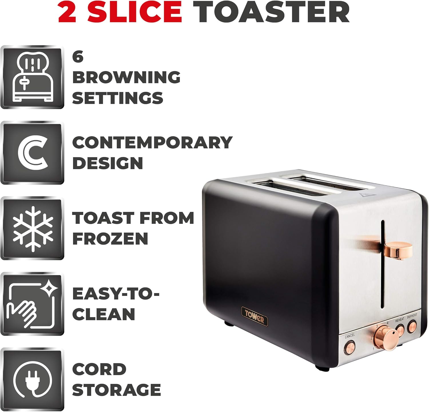 Tower T20036RG Cavaletto 2-Slice Toaster with Defrost/Reheat, Stainless Steel, 850W, Black and Rose Gold - Image 3