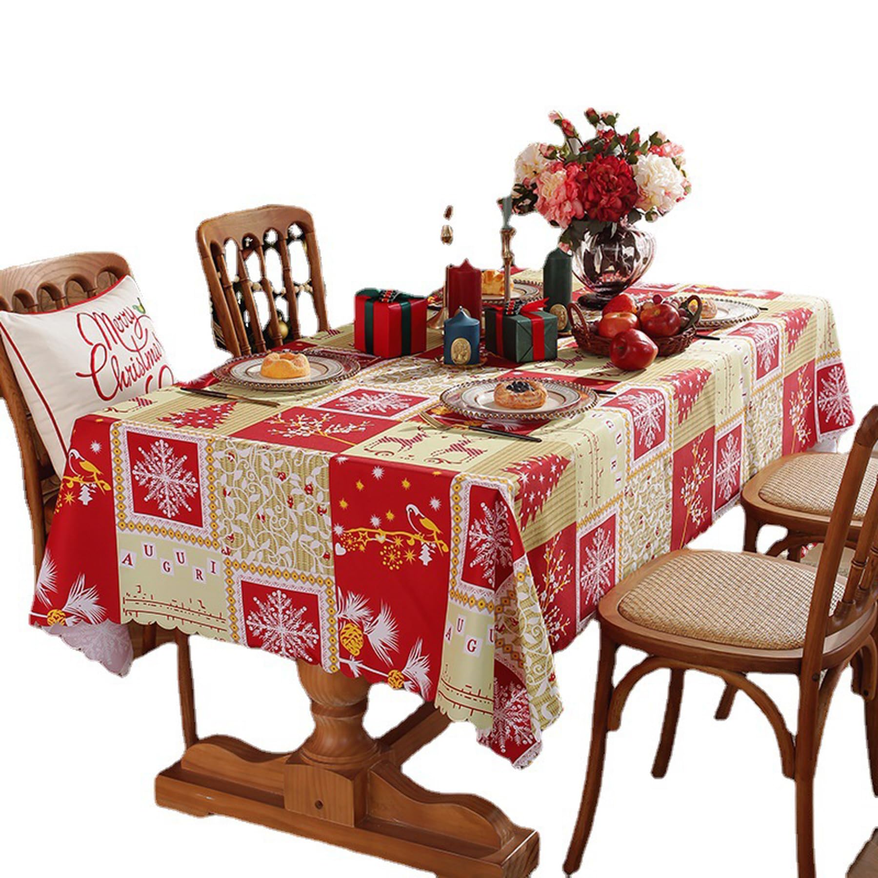 Christmas Tablecloth – Festive Xmas Table Cover with Santa, Snowflakes & Holiday Prints, Waterproof Wipeable Table Cloth for Dining Room, Kitchen, Parties, Rectangular & Round ( Yellow, 150*180 )