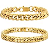 Sahoottie 2 Pcs Chain Bracelet for Men Silver Gold Black Mens Bracelet Stainless Steel Cuban Link Bracelet for Men 7.5/8.3/9 Inches