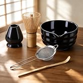 Matcha Whisk Set with Modern Black Ceramic Bowl - Japanese Tea Ceremony Essentials, Includes Bamboo Whisk (Chasen), Holder, Matcha Powder Sifter, Scoop, Complete Preparation Kit