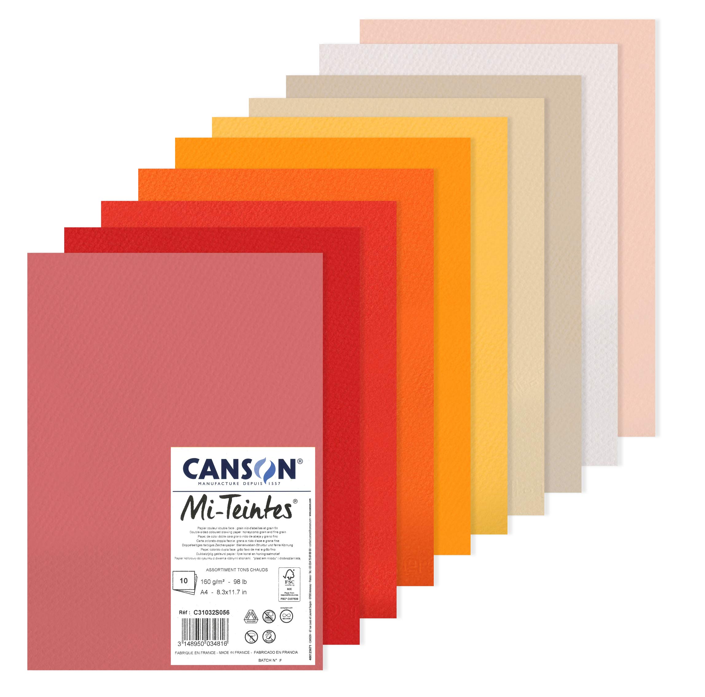 CANSON Mi-Teintes Coloured Drawing 160gsm A4 Paper Pack, Double Sided: Honeycomb & Fine Grain, 10 Warm Colour Sheets, For Professional Artists & Illustrators