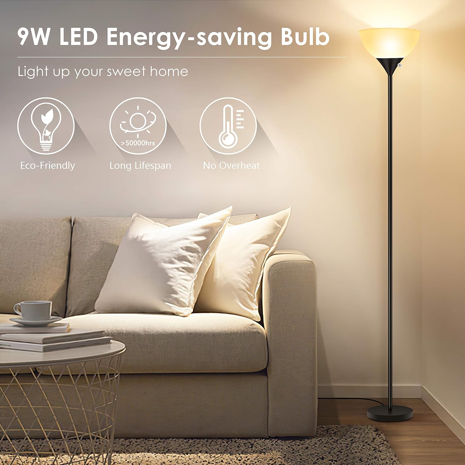 Floor Lamp - Standing Lamp, 9W LED Floor Lamp, Energy Saving & 50,000hrs Long Lifespan, 3000K Warm White, Eye-Caring, Torchiere Floor Lamps for Bedroom, Living Room, Office, Reading, Black Floor Lamps: Home Improvement