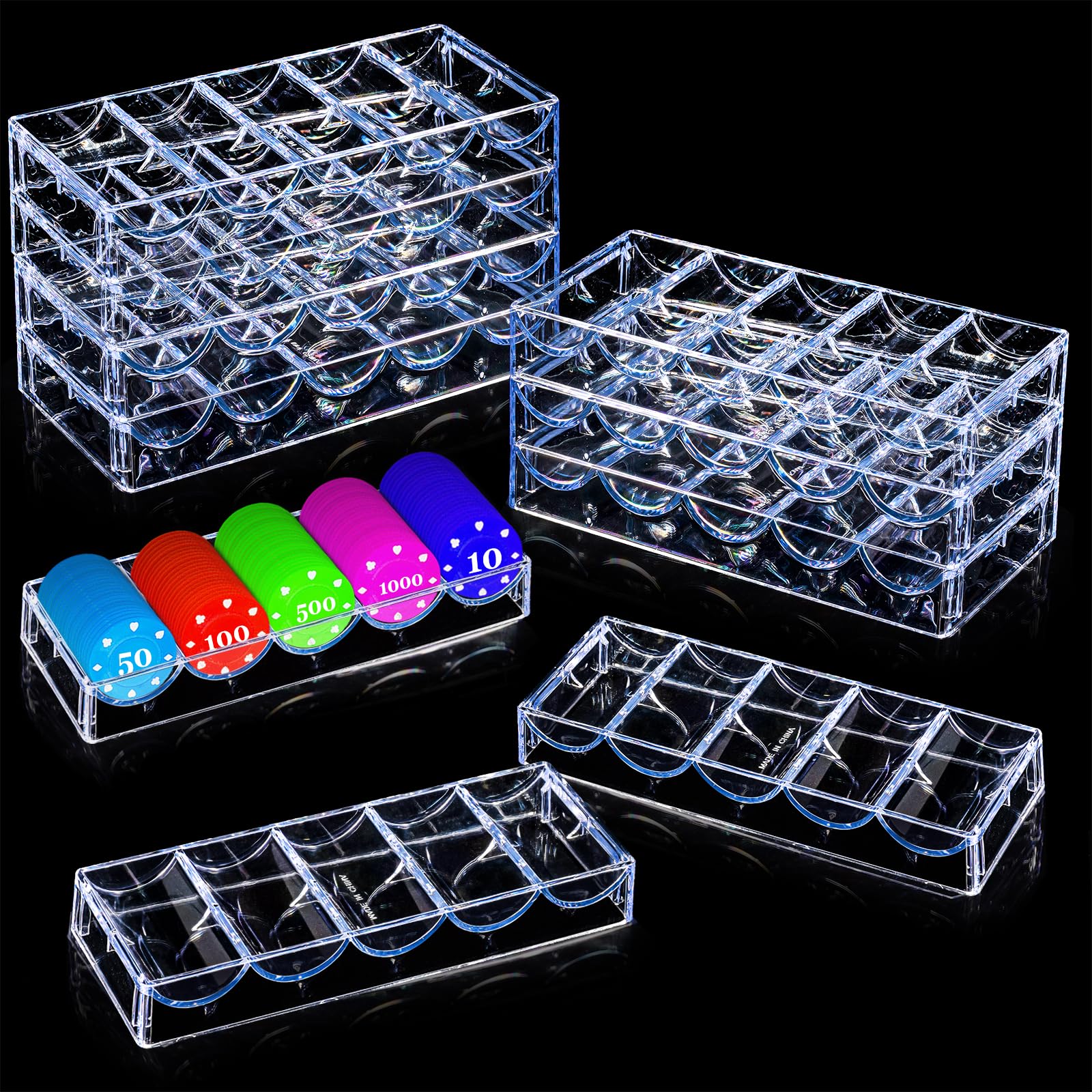 Pumtus 10 Pack Poker Chip Tray Racks, Clear Thick Plastic Casino Chip Case, Each Holds 100 Chips, Standard Size Chips Holder, Sturdy Clay Chip Boxes for Texas Hold'em, Poker Club, Gambling, Blackjack