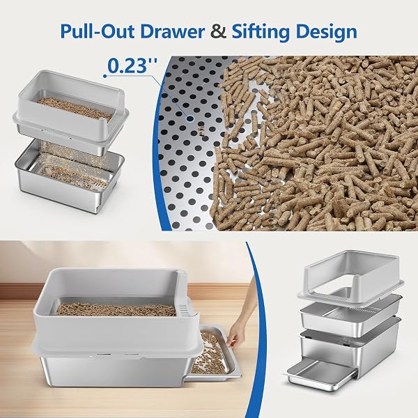 23.6X16X14” SIFTING LITTER BOX WITH DRAWERS, STAINLESS STEEL DRAWER LITTER BOX WITH 6” LID & METAL SCOOP, XL CAT LITTER TRAY, ODOR-CONTROL & SAVES CLEAN TIME, FITS MOST CATS