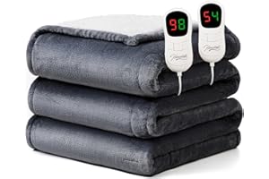 Homemate Electric Heated Blanket Queen Size - 84"x90" Heating Blanket Queen Size Dual Control 1/2/4/6/8 Hours Auto-Off 10 Heat Level Over-Heat Protection Flannel Sherpa ETL Certification