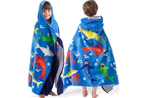 VOOVA & MOVAS Hooded Towel for Toddlers 3-10 Years,30''X50'',Soft | Thick | Cotton | Absorbent | Large Beach | Pool | Bath | Swim Towels | Cover up for Boys, Shark Fish