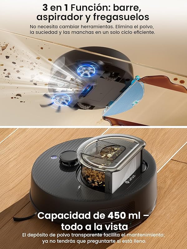 M330 Plus Robot Aspirador y Fregasuelos 3 en 1, 150 min, 5000 Pa, Navegación dToF, Depósito 450 ml, Zonas Virtuales, Robot Aspirador para Alfombras, Alexa/App/WiFi, Gris — foto 4 de 8