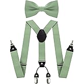 JEMYGINS Solid Color Suspender and Silk Bow Tie Sets for Men