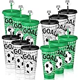 Domensi 12 Pcs Soccer Plastic Tumbler with Lid and Straw 24oz Reusable Plastic Cups with Straw Cover Caps Soccer Party Favors Gift for Fan Friend Guest Birthday Office Sport Party Supplies