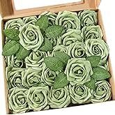 Meldel Artificial Flowers 25pcs Real Looking Elf Green Foam Fake Roses with Stems for DIY Wedding Bouquets Bridal Shower Centerpieces Floral Arrangements Home Decorations Bulk Crafts Rose