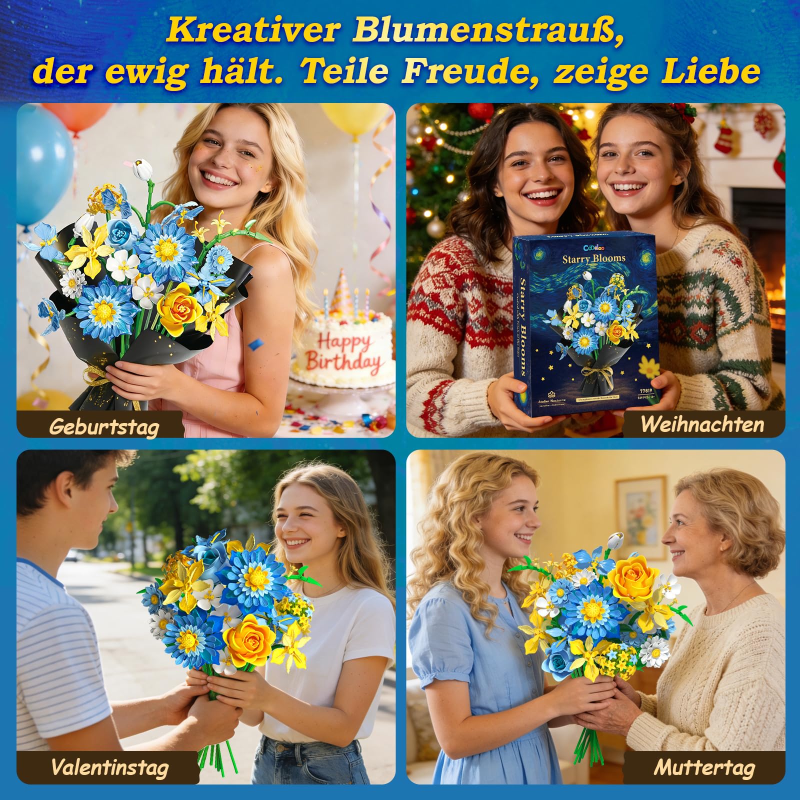 Flowers Building Blumenstrauß-Bauset Sternenblüten, Kompatibel mit LEGO Blumen – Geburtstag & Geschenk für Frauen Männer Kinder Jungen Mädchen Blumenliebhaberinnen 8