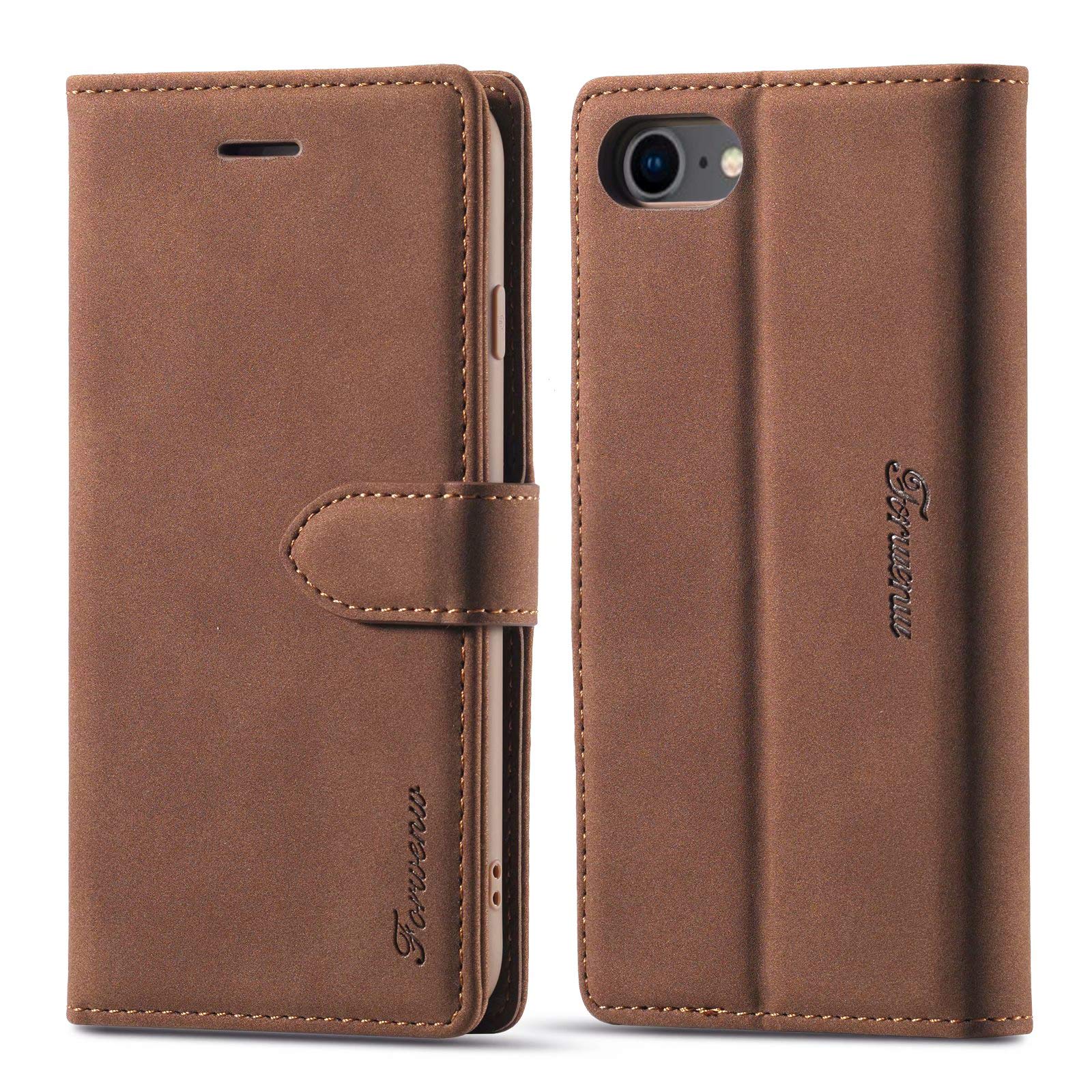 LOLFZ Wallet Case for iPhone 7/8/SE 2020/SE 2022, Premium Leather Case Card Holder Kickstand Magnetic Closure Flip Case Cover - Brown