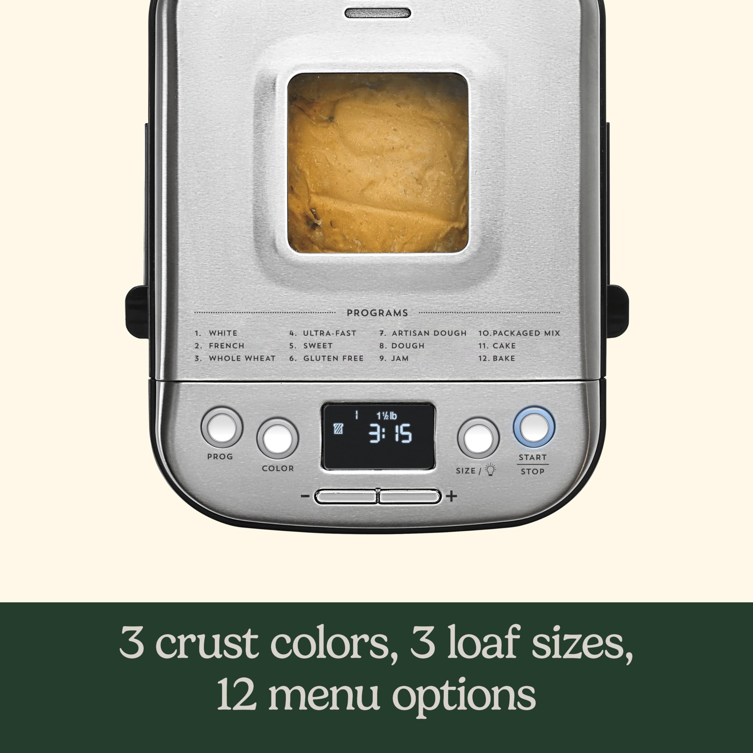 Cuisinart Bread Maker Machine, Stainless Steel Automatic Bread Machine with 12 Menu Options, 3 Loaf Sizes up to 2 Lb., 3 Crust Colors, Removable Nonstick Baking Pan & Kneading Paddle, CBK-110NAS