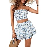 LYANER Women's 2 Piece Summer Outfits Boho Flora Print Crop Top Sleeveless Shirred Tube Top and Shorts Sets