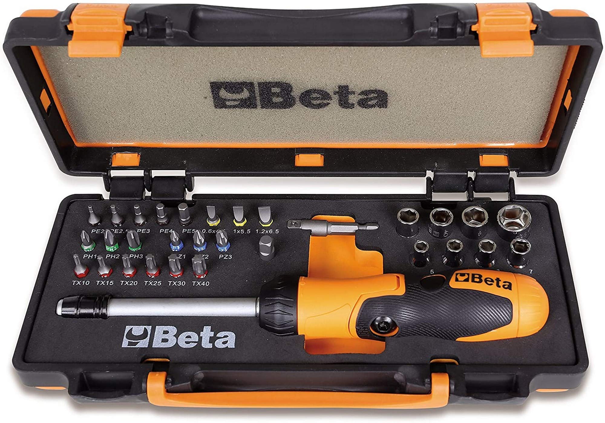 Beta 8600878 Model 860 /C38P 1 Reversible Ratchet Bit Holder with Articulated Handle, 27 Bits 8 Hexagon Sockets and 2 Accessories, 1/4 Hex