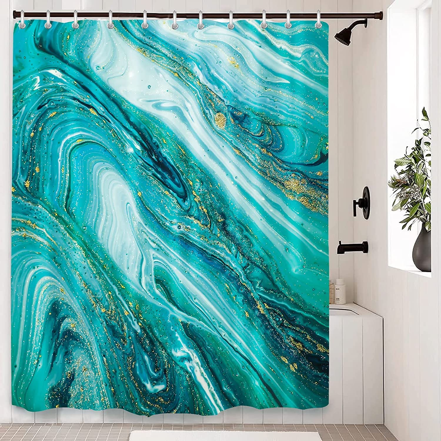 LIVETTY Mint Green Abstract Shower Curtain 180×180cm with 12 Hooks Mint Light Green Shower Curtain Turquoise Teal Fabric Bathroom Curtain Washable Quick-Drying — image 1
