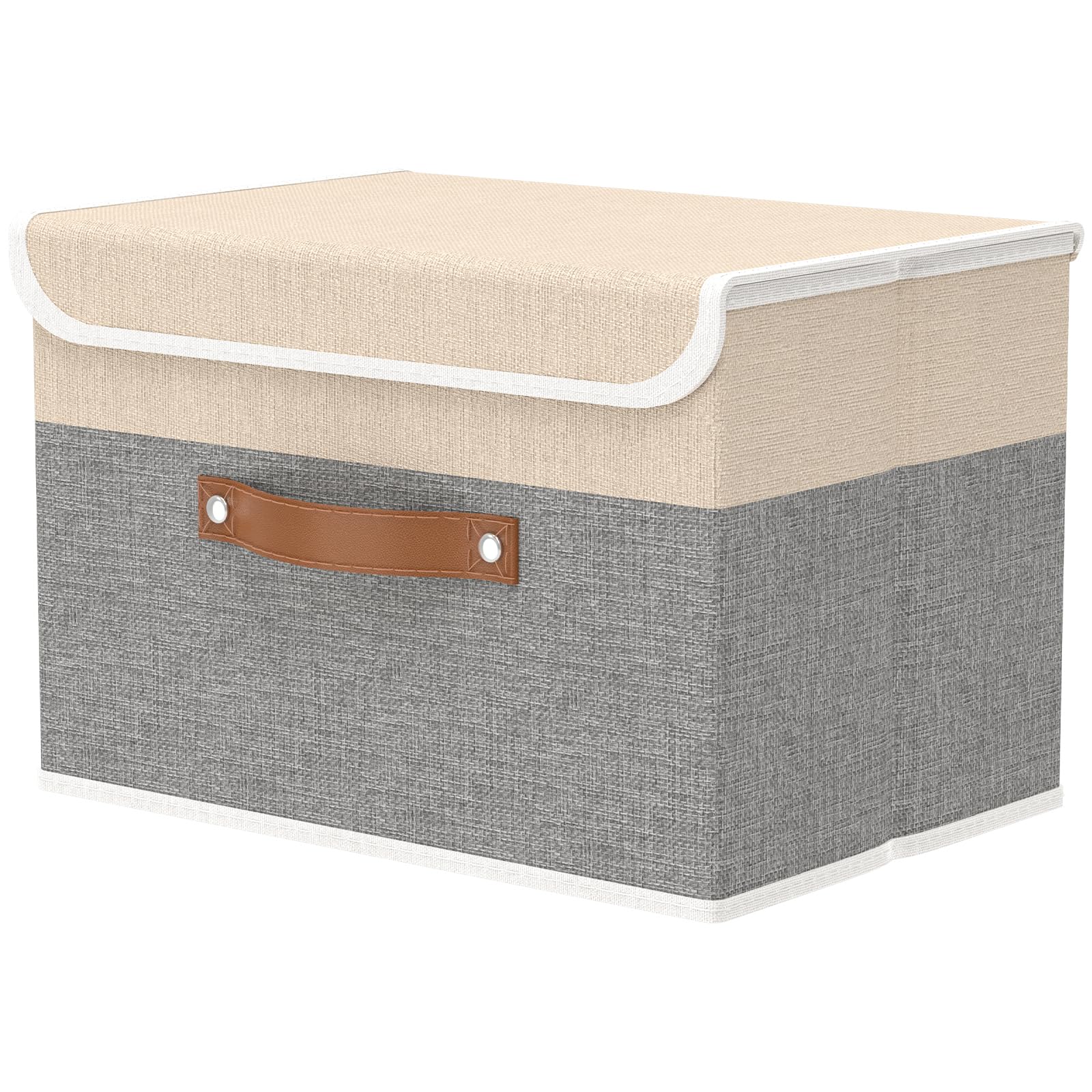 OUTBROS 38x25x25cm Collapsible Storage Box with Lid, Linen Fabric Clothing Shelf Basket Bins Box For Towels, Clothes 45x30x30 cm (Beige/Grey, 1-Pack)