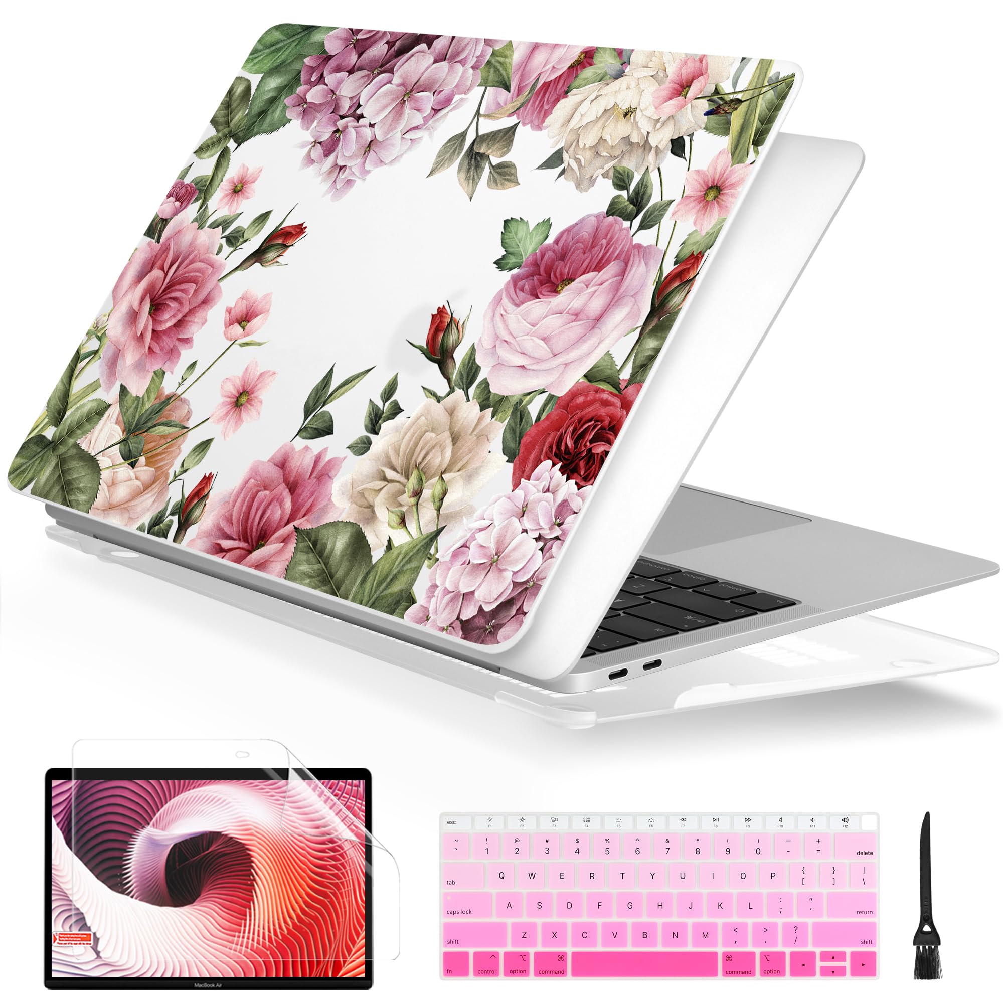 Batianda for MacBook Air 13 Inch Case 2020 2019 2018 A2337 A2179 A1932, Printing Clear Hard Shell Cover with Keyboard Cover & Screen Protector for New MacBook Air 13 Retina & Touch ID (Flower-White)