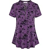 Ninedaily Women's Summer Tops Short Sleeve Casual Blouse Zip Floral Tunic Shirts