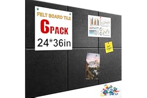 ROWINSYDD 6 PCS Large Cork Boards Alternative，24”x36” Reusable Felt Wall Tile with 35 Pins,32 Safe and Removable Non-Marking Adhesives,Bulletin Boards for Walls, Office, Classroom，Living Room, Dartboard-Black