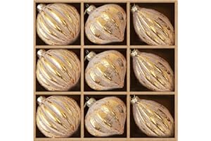 DN DECONATION Gold Glass Christmas Ornaments, Hanging Ball Ornament Set with Glitter Assorted Teardrops, Spheres & Lantern Matte Christmas Tree Decorations Vintage Home Party (9PCS, Gold)