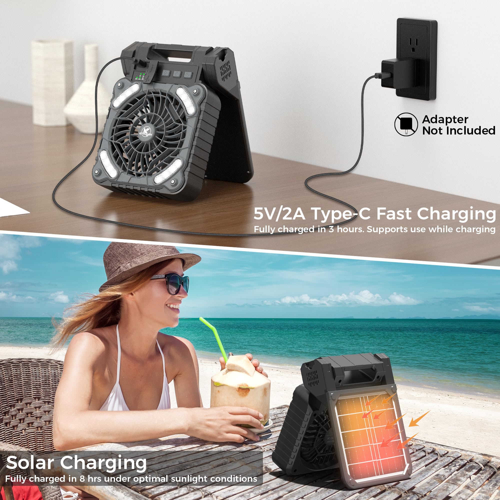 KITWLEMEN Solar Camping Fan with Light, 4 Speeds Rechargeable Battery Powered Fan with Timer, 90° Folding Portable Desk Fan for Hurricane Outages Outdoor Camping Fishing