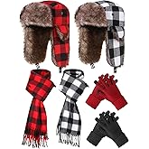 6 Pcs Christmas Winter Warm Knitted Set Buffalo Plaid Hats Scarf Touch Screen Gloves for Women Men Christmas Soft Beanie Fleece Hat Scarf, Black Red, Black White