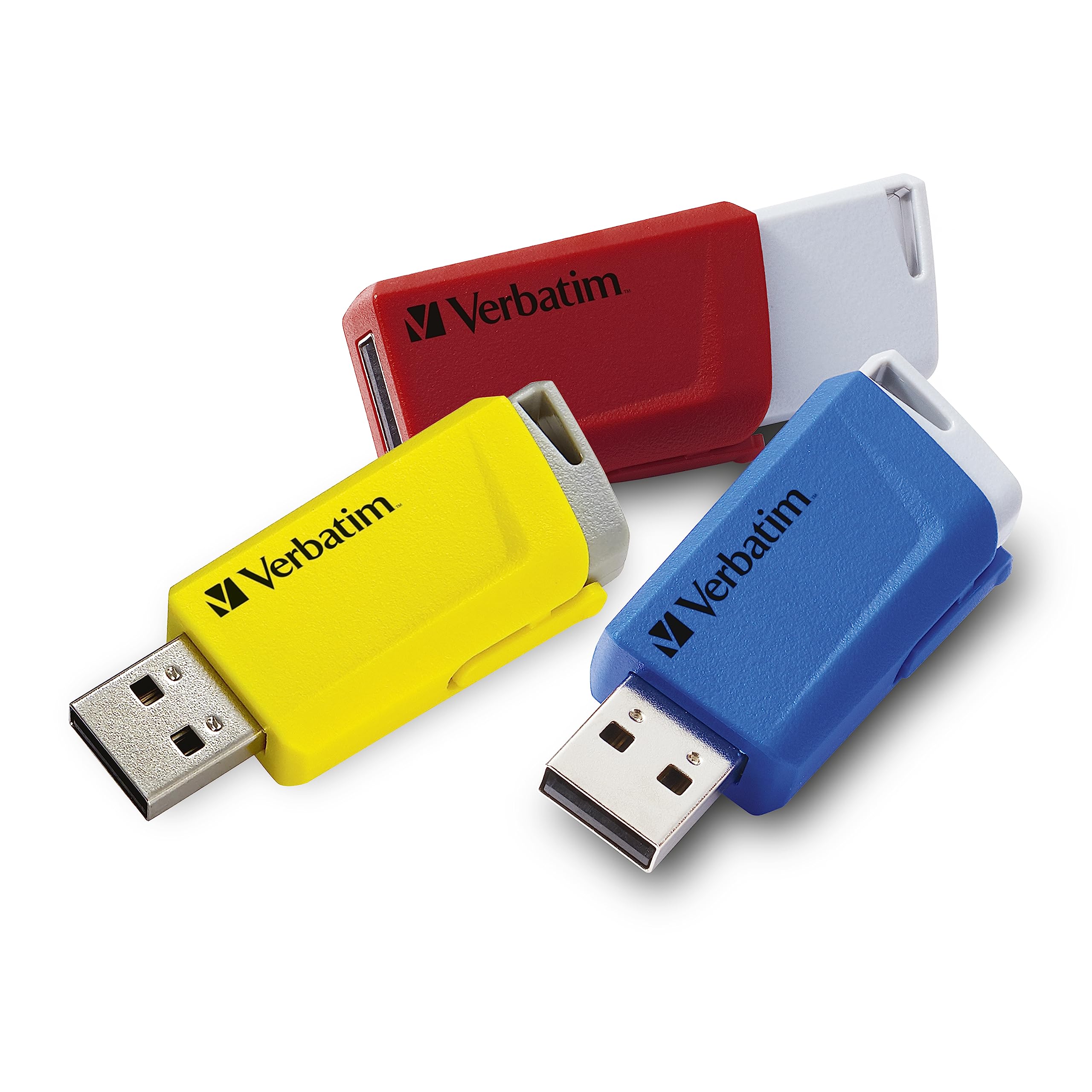VERBATIM Store 'n' Click USB-Stick 3x - USB 3.2 Gen1 - 16GB - memory-stick with locking-mechanism - USB-3 stick - external storage for laptop notebook & co - up to 5Gbit/s - red blue yellow