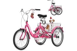VIRIBUS Folding Adult Tricycle, 20 inch Foldable Tricycle for Adults with Single Speed, Collapsible 3 Wheel Bike with Basket for Women Seniors, 330lb. Fuchsia