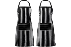 Syntus 2 Pack Adjustable Bib Apron with 3 Pockets Cooking Kitchen Aprons for Women Men Chef, Black/White Pinstripe