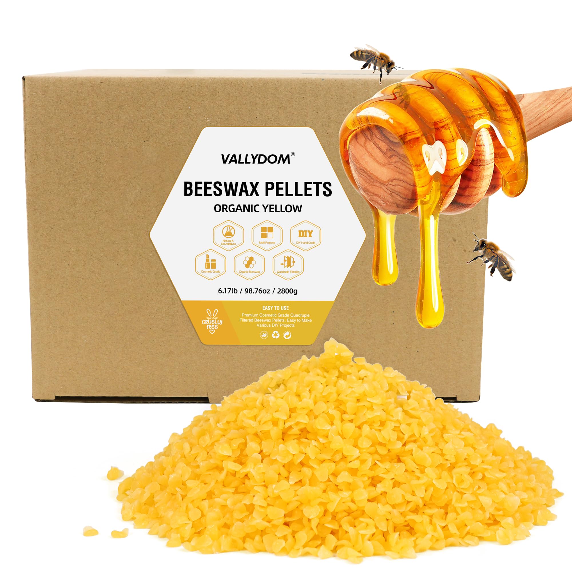 VALLYDOM Beeswax 2.8KG Yellow Beeswax Pellets, Candle Wax, Organic Beeswax, Wax for Candles Making, Beeswax Candles,Beeswax for Skin, Soap Making Supplies, Candle Making, Candle Wax for Making Candles